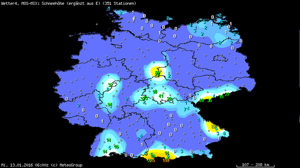 Prognose der Schneehöhen in cm am Mittwochmorgen