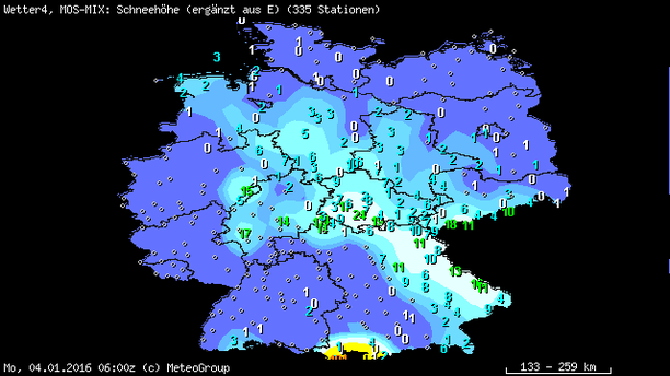 Prognose Schneehöhen 04.01.16, 6 UTC