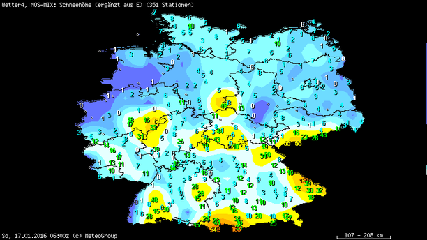 Prognose der Schneehöhen in cm am Sonntagmorgen