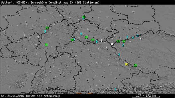 Schneehöhen Sonntag, 31.01.16 18 UTC