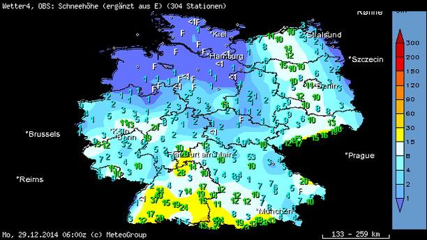 Schneehöhen cm 29.12.2014 6 UTC