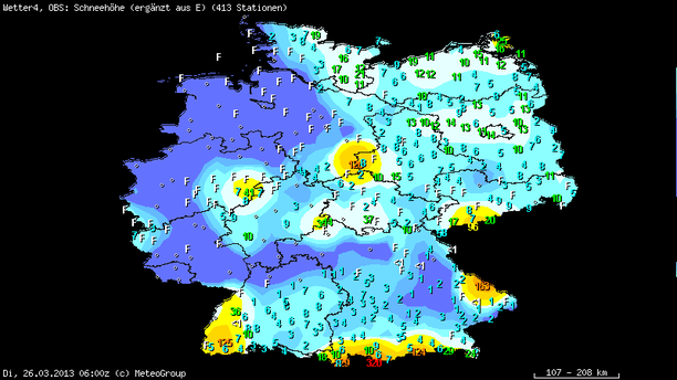 Schneehöhen in cm 26.03.2013, 6 UTC