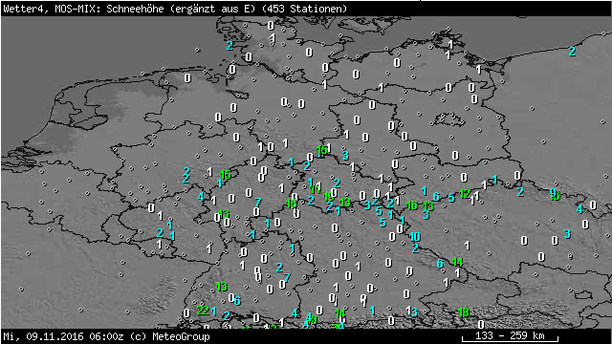 MOSMIX: Schneehöhe Mittwoch, 9.11.16, 6 UTC