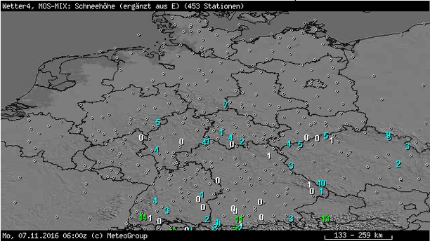 MOSMIX: Schneehöhe Montag, 7.11.16, 6 UTC