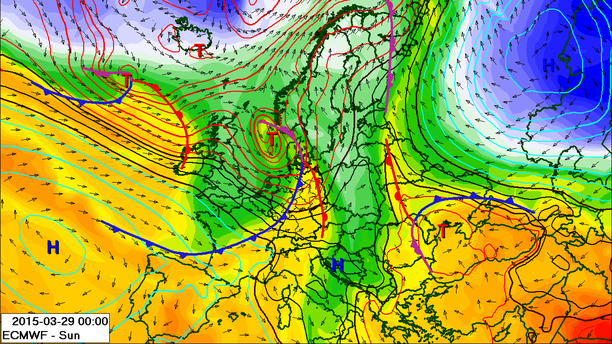 Wetterlage Nacht zum Sonntag, 29.03.15