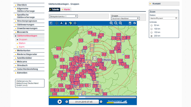 Glätte, Straßenbelagstemperaturen 01.01.15, 7:45 Uhr