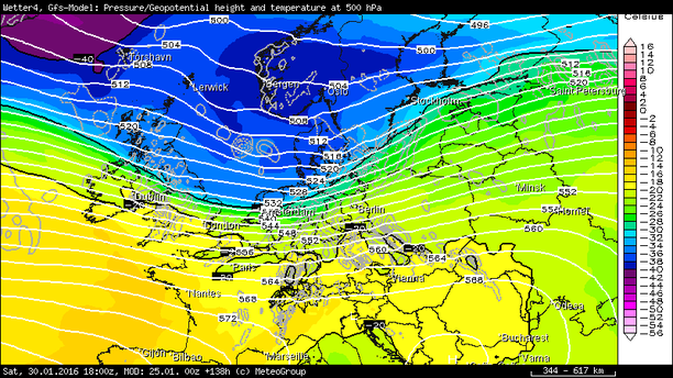 Temperatur und Isohypsen 500 hPa, 30.01.16, 18 UTC