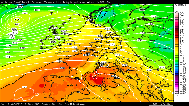 Temperatur 850 hPa Montag 12 UTC
