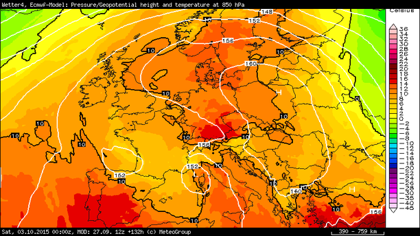 Temperaturen 850 hPa Samstag, 03.10.15, 00 UTC