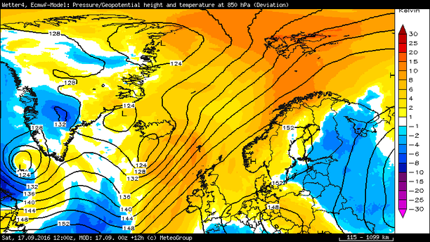 Temperaturabweichung 850 hPa Nordatlantik