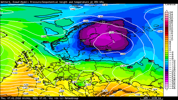 Temperatur 850 hPa und Bodendruck 07.01.16 00 UTC