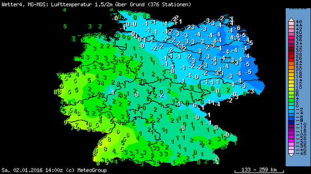 Temperaturen am Samstagnachmittag, 15 Uhr