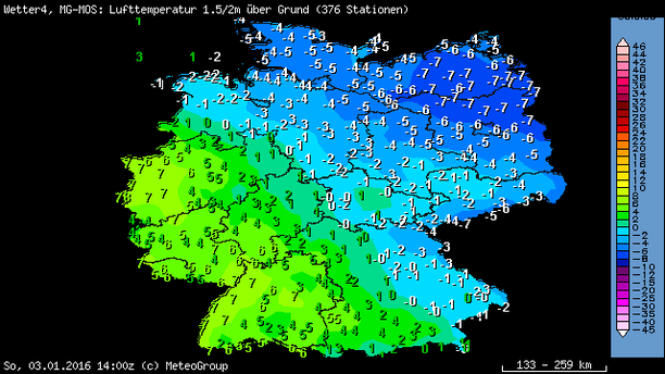 Temperaturen Sonntagnachmittag, 15 Uhr