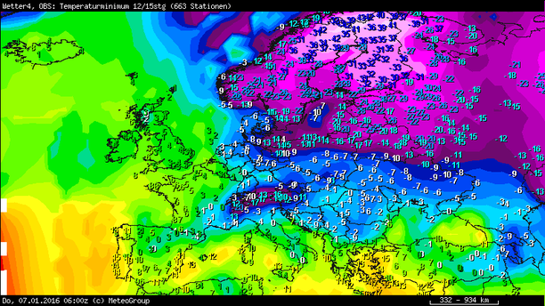 Tiefsttemperaturen Skandinavien, 07.01.16 6 UTC
