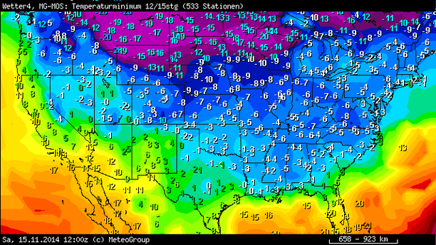 MeteoGroup MOS Tiefsttemperaturen USA Nacht zum 15.11.14 (Ortszeit)