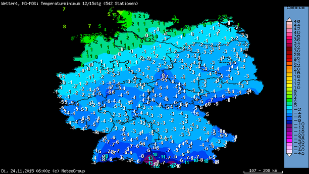 Tiefsttemperaturen Nacht zum 24.11.15
