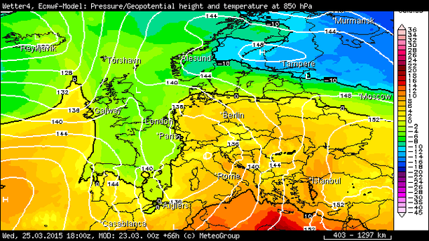 Temperatur 850 hPa 25.03.15 18 UTC