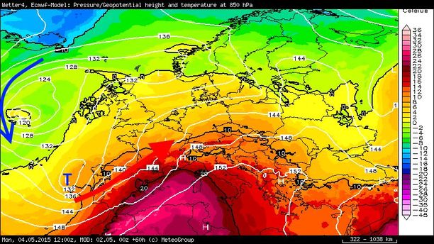 Temperatur 850 hPa Montag 00 UTC