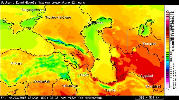 Höchsttemperatur Aserbaidschan, Armenien 04.03.16