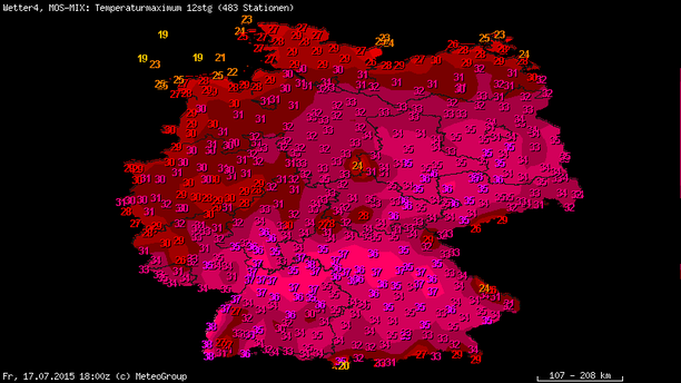 Höchsttemperaturen Freitag, 17.07.15