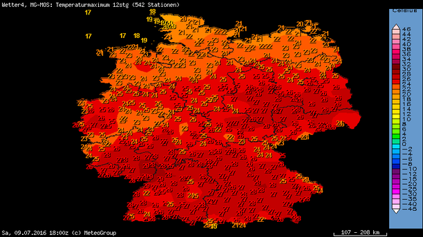 Prognose Höchsttemperaturen Samstag, 09.07.2016