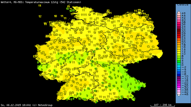 Maximumtemperaturen Nikolaus, 2. Advent., 06.12.15