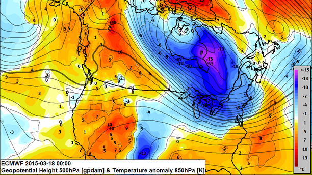 Abweichung Temperatur 850 hPa Nordamerika 18.03.15 00 UTC