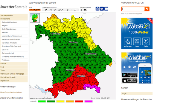 Unwetterwarnungen UWZ Mittwochmorgen, Silvester 2014
