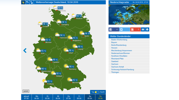 Wetterkarte Sonntag, 10.04.16