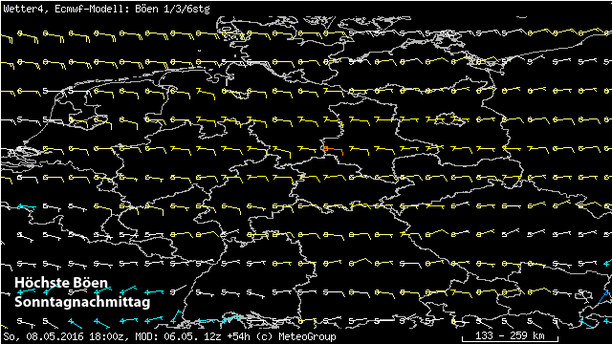 Max. Böen 6-stündig bis 08.05.16 18 UTC