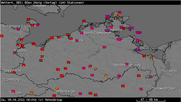 Höchste Böen am 08.04.2011 im Nordosten Deutschlands