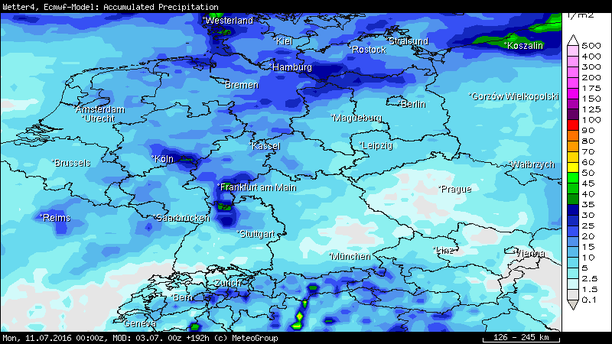 Prognose Regensumme bis einschließlich 10.07.2016
