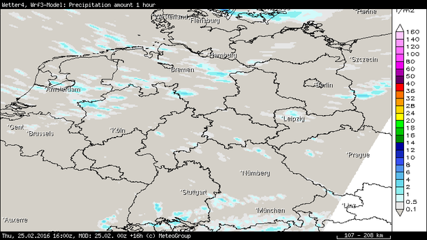 Niederschlagsprognose 16 bis 17 Uhr WRF3